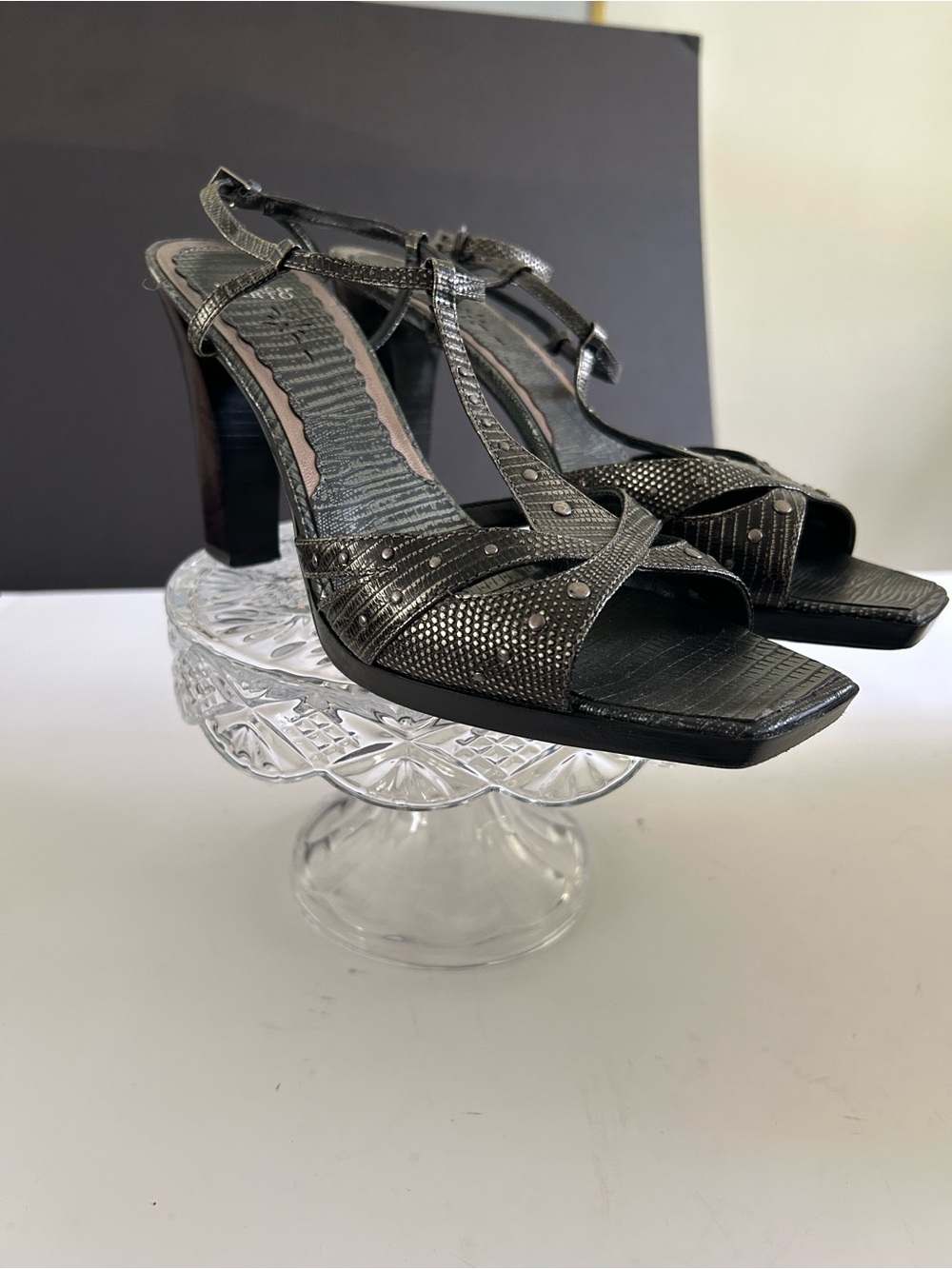 Franco Sarto Black Metallic snake print Strappy High Heel Sandals